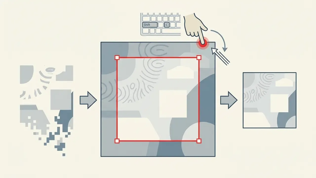Hand holding Shift key while dragging a corner handle to resize a red crop frame on an image