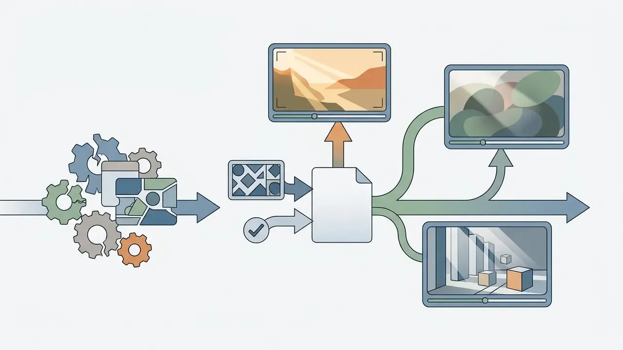 Gears processing inputs into a central document that branches out into multiple video scene previews