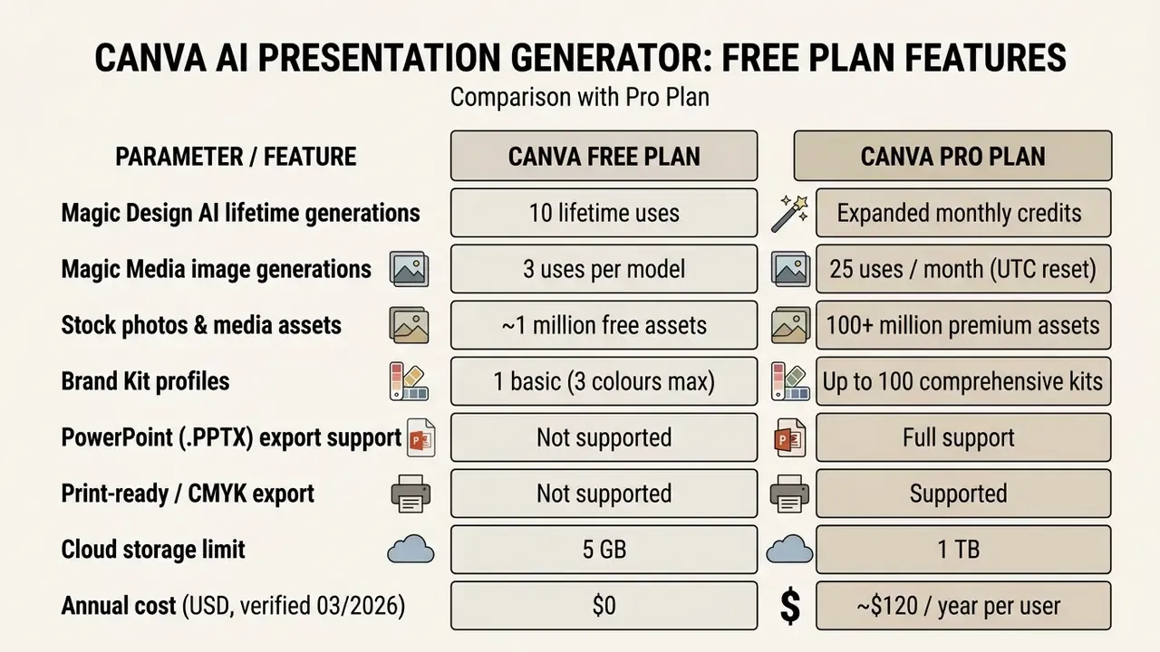Table comparing tool features, usage limits, and annual costs between the free and Pro subscription plans