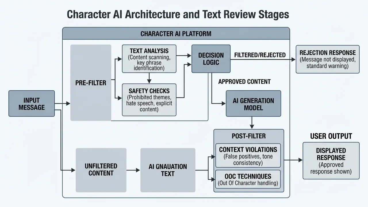 Flowchart detailing the sequential stages of message processing and safety analysis in Character AI