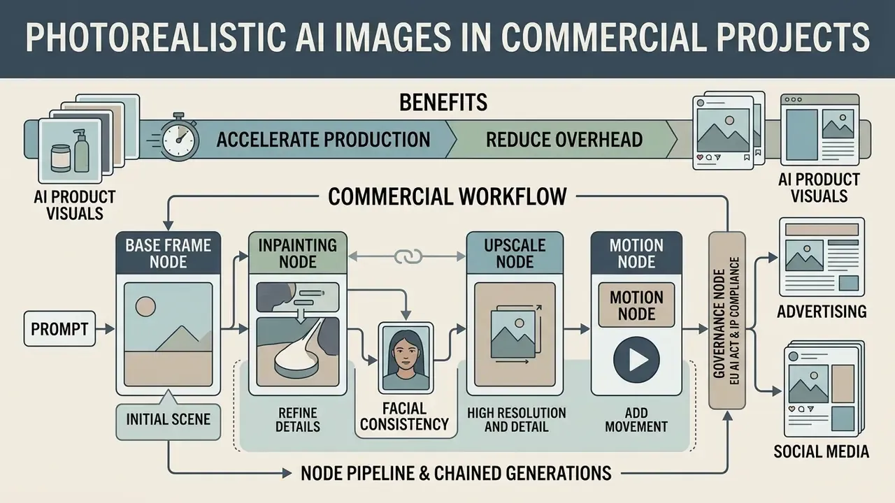 Visual summary of a node-based generative workflow for commercial advertising and social media production
