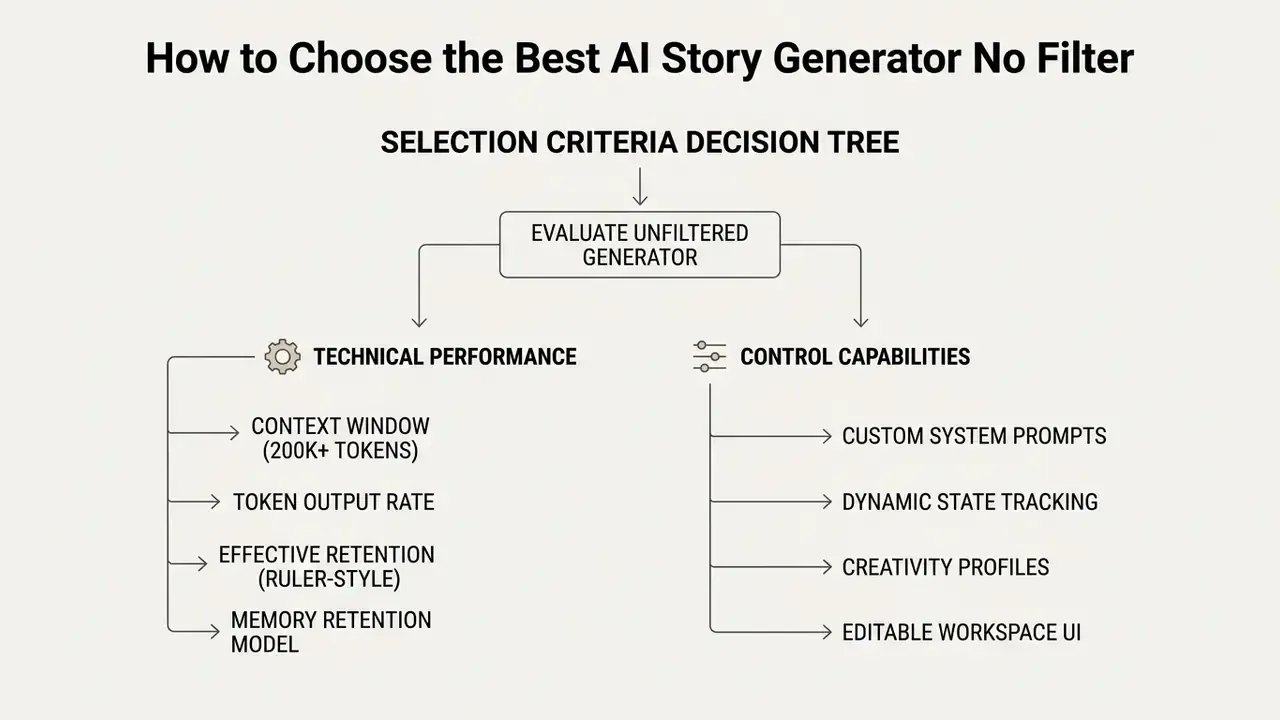 Decision tree diagram outlining technical performance and control capabilities for an AI story generator