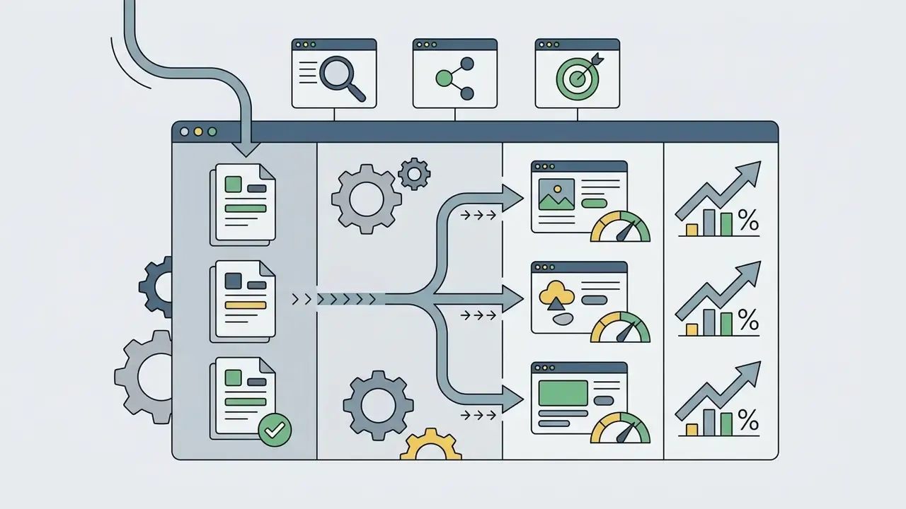 Documents flowing through gears into digital ad variants with performance metrics and target icons