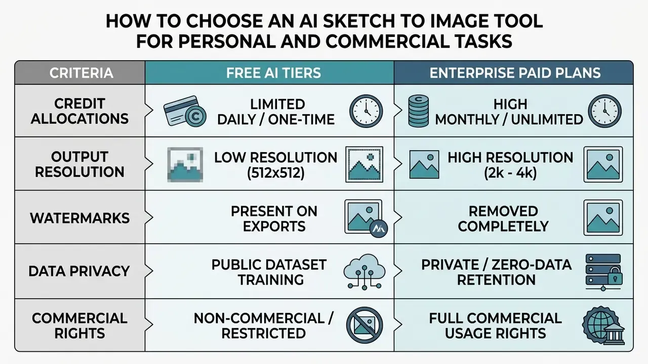 Comparison table contrasting features of free and enterprise AI plans across five key service criteria