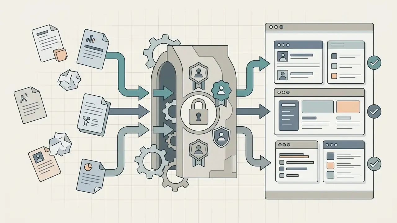 Files feeding into a secure mechanism that outputs role-based dashboard interfaces with status checkmarks