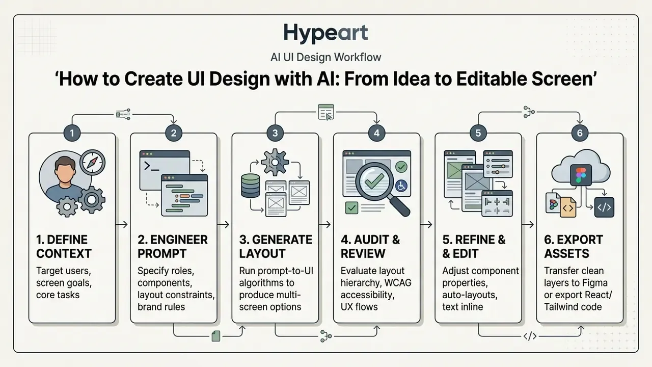 Six sequential steps for digital interface creation from defining context to exporting design assets