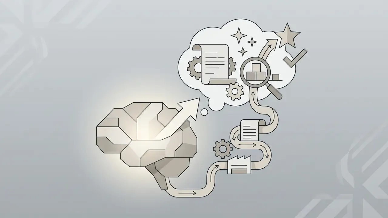Stylized brain connected to a winding path of gears and documents leading to a thought bubble with icons