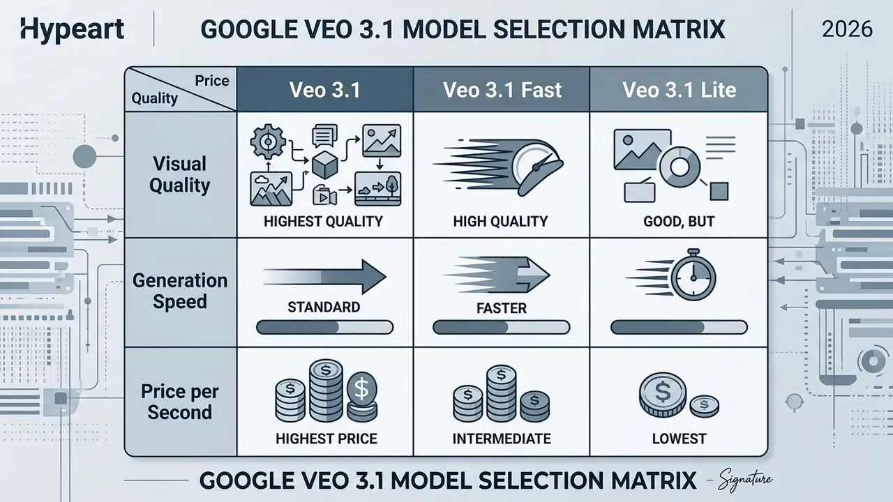 Matrix table comparing visual quality, generation speed, and price per second for Google Veo 3.1 model tiers