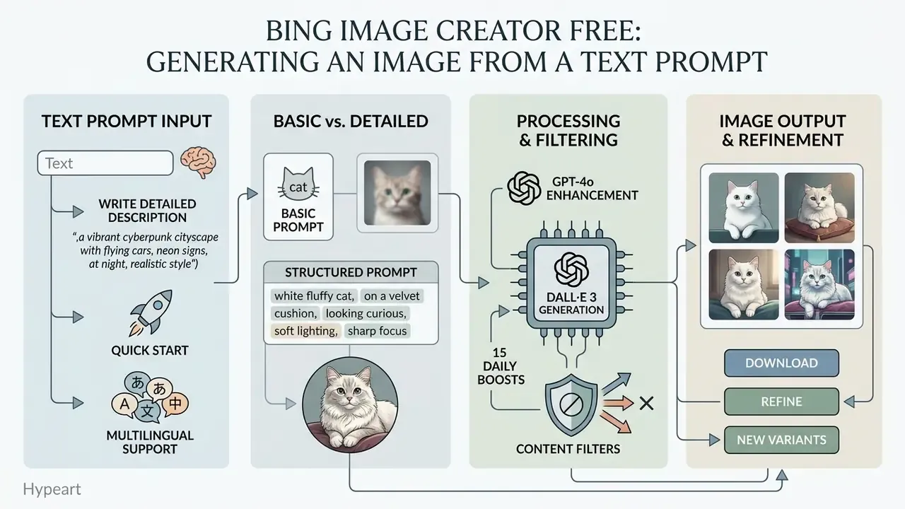 Flowchart showing the process of using Bing Image Creator to refine text prompts into generated images