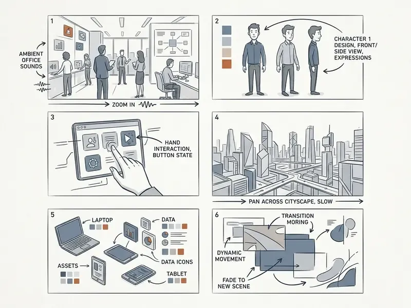 Six panel grid showing character designs, office scenes, and camera movement notes for animation planning