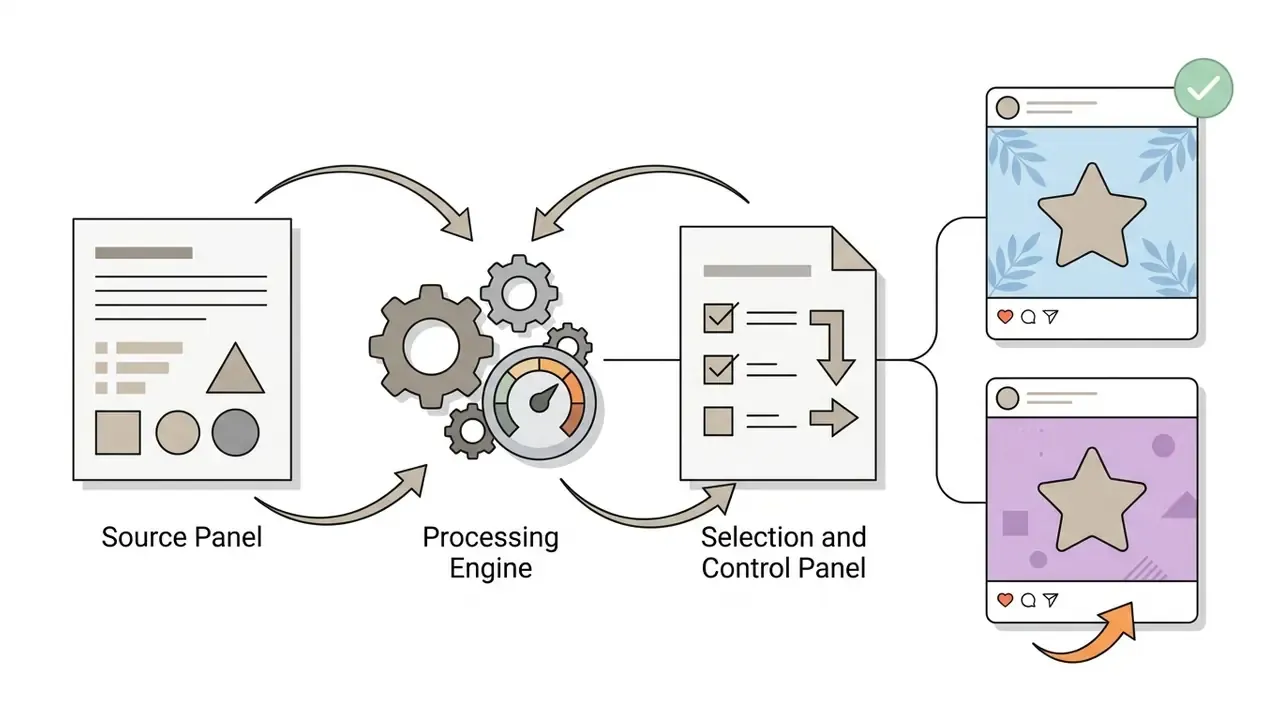 Visual workflow showing a source panel and processing engine feeding into a control panel for post editing