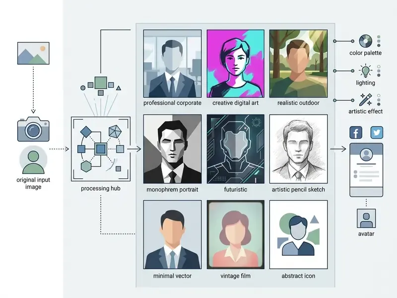 Grid of diverse portrait styles generated from a central processing hub with adjustable filter options