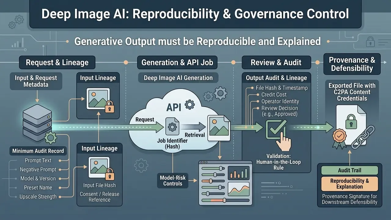Workflow showing metadata tracking, API job processing, and audit trails for generative image outputs
