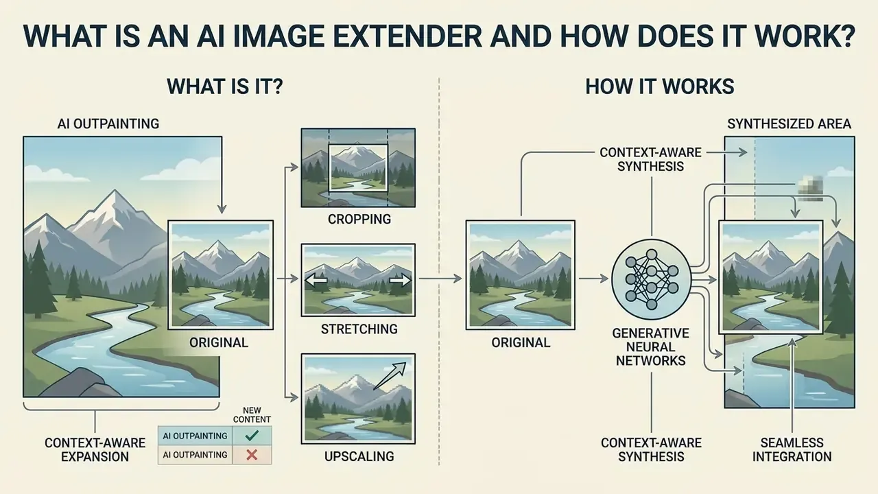 Infographic comparing AI image extender techniques against traditional methods like cropping and stretching