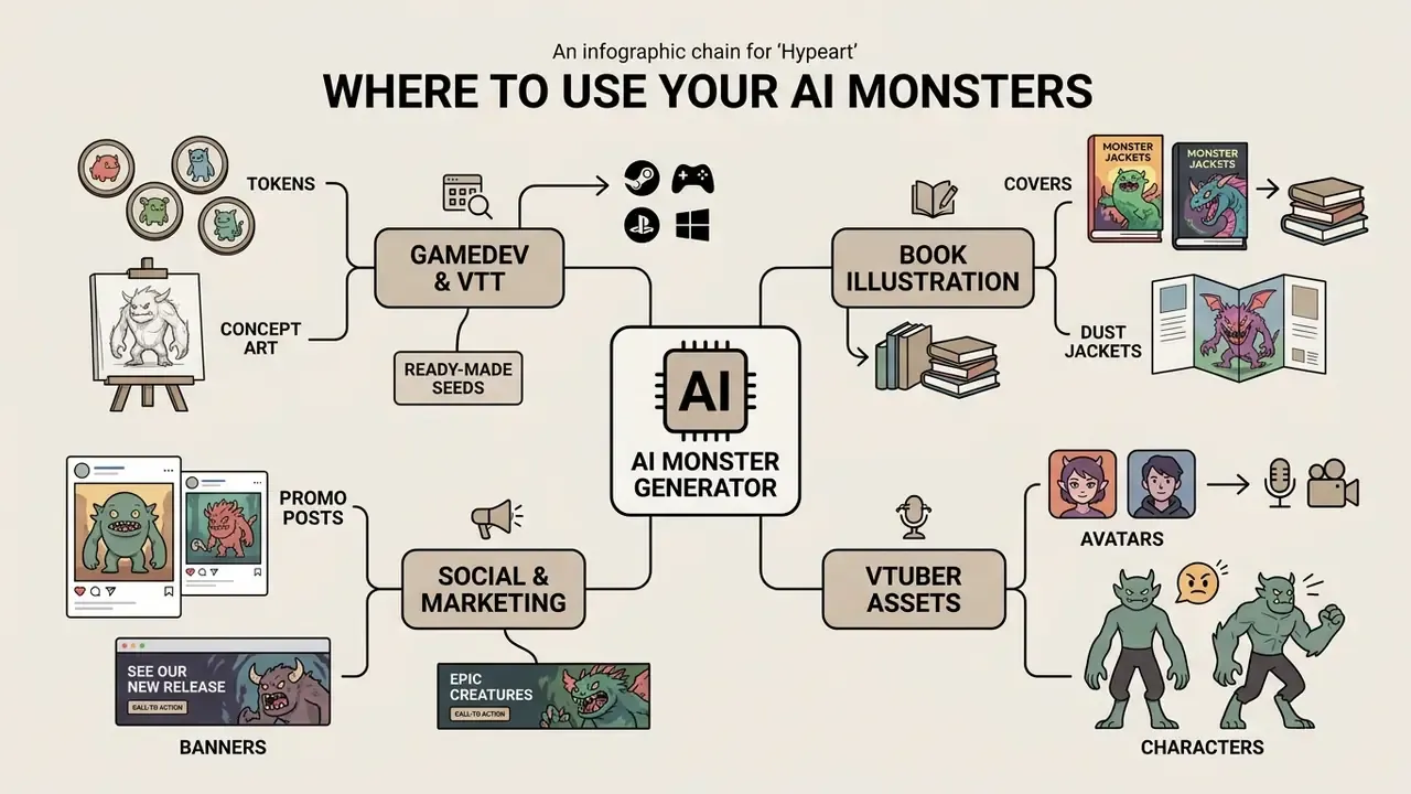 Diagram mapping creative applications for generated creature designs across media and marketing channels
