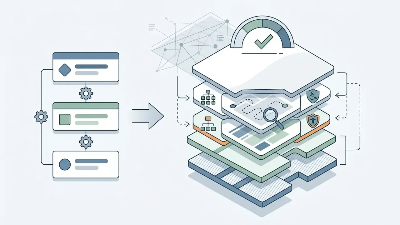 Linear workflow steps feeding into a multi-layered stack of sitemap, UX, and accessibility project files