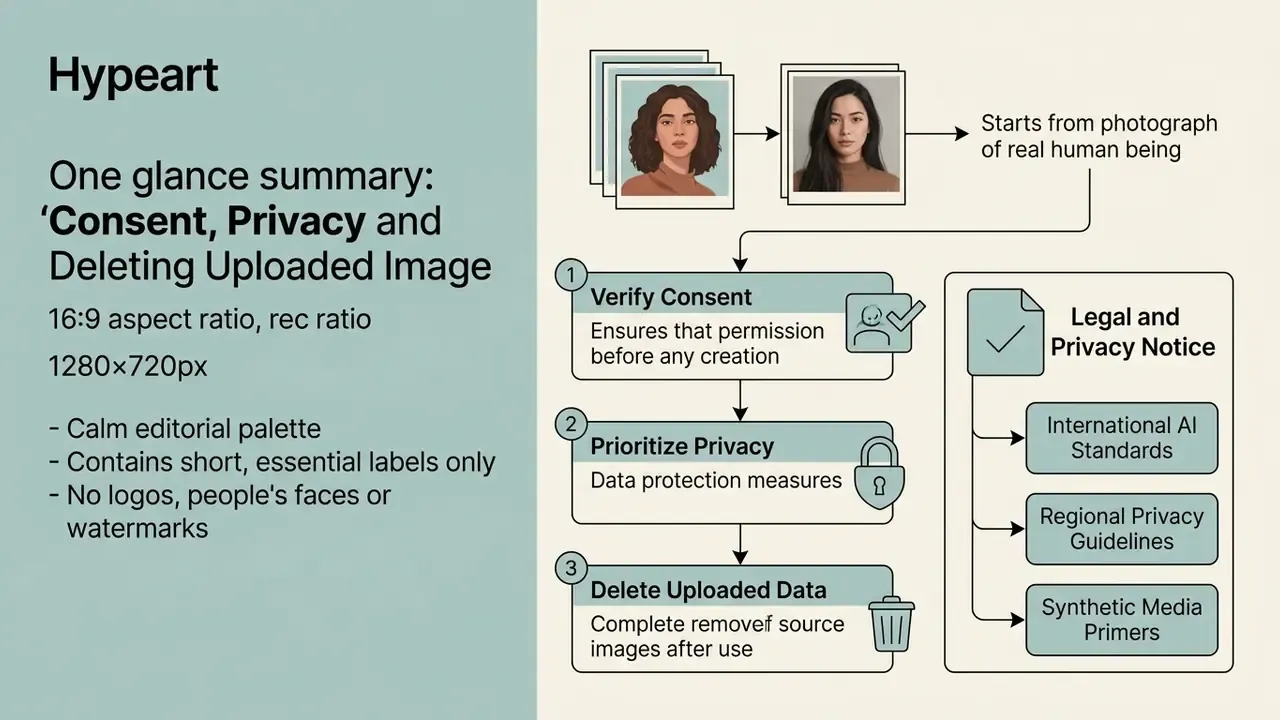 Infographic outlining legal and privacy steps for processing human photos in an ai kissing generator