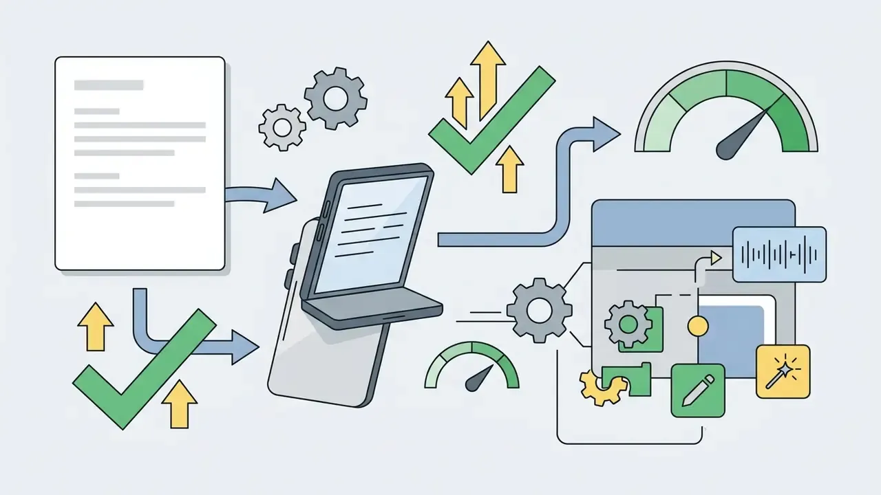 Smartphone displaying a teleprompter script alongside icons for editing tools and performance metrics