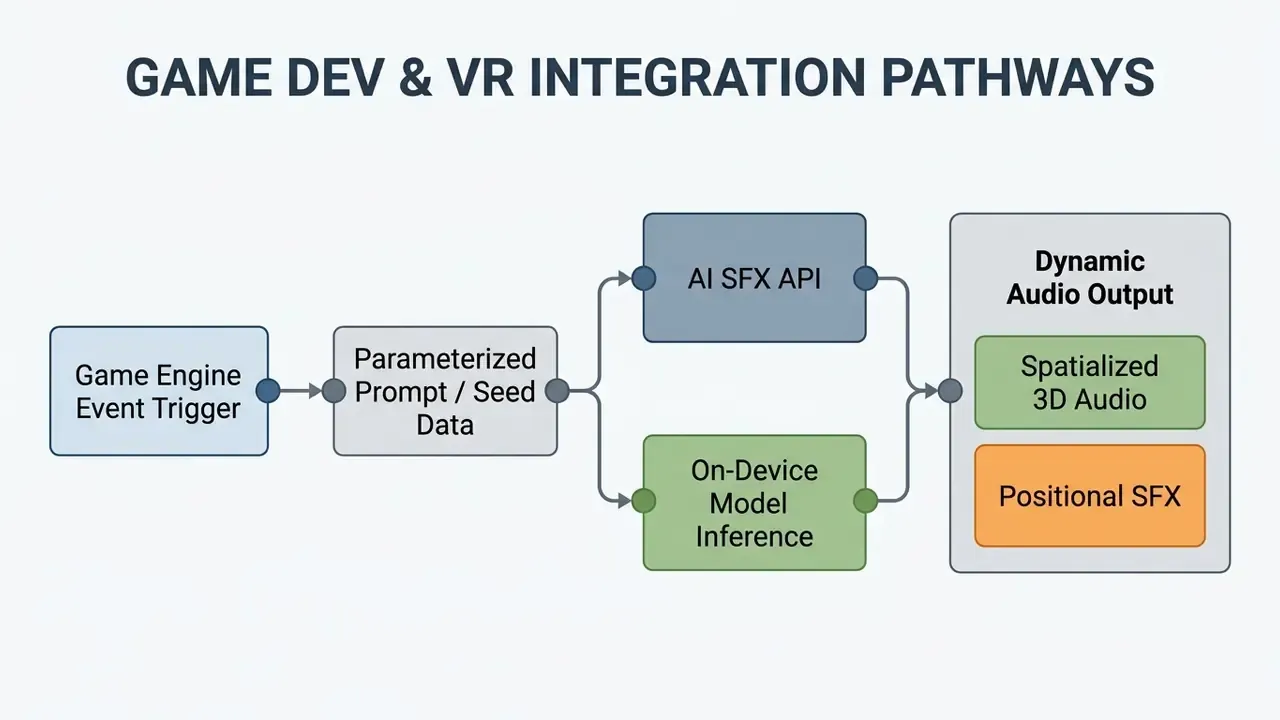 Sequential steps from game engine event trigger through prompt data to dynamic spatialized audio output