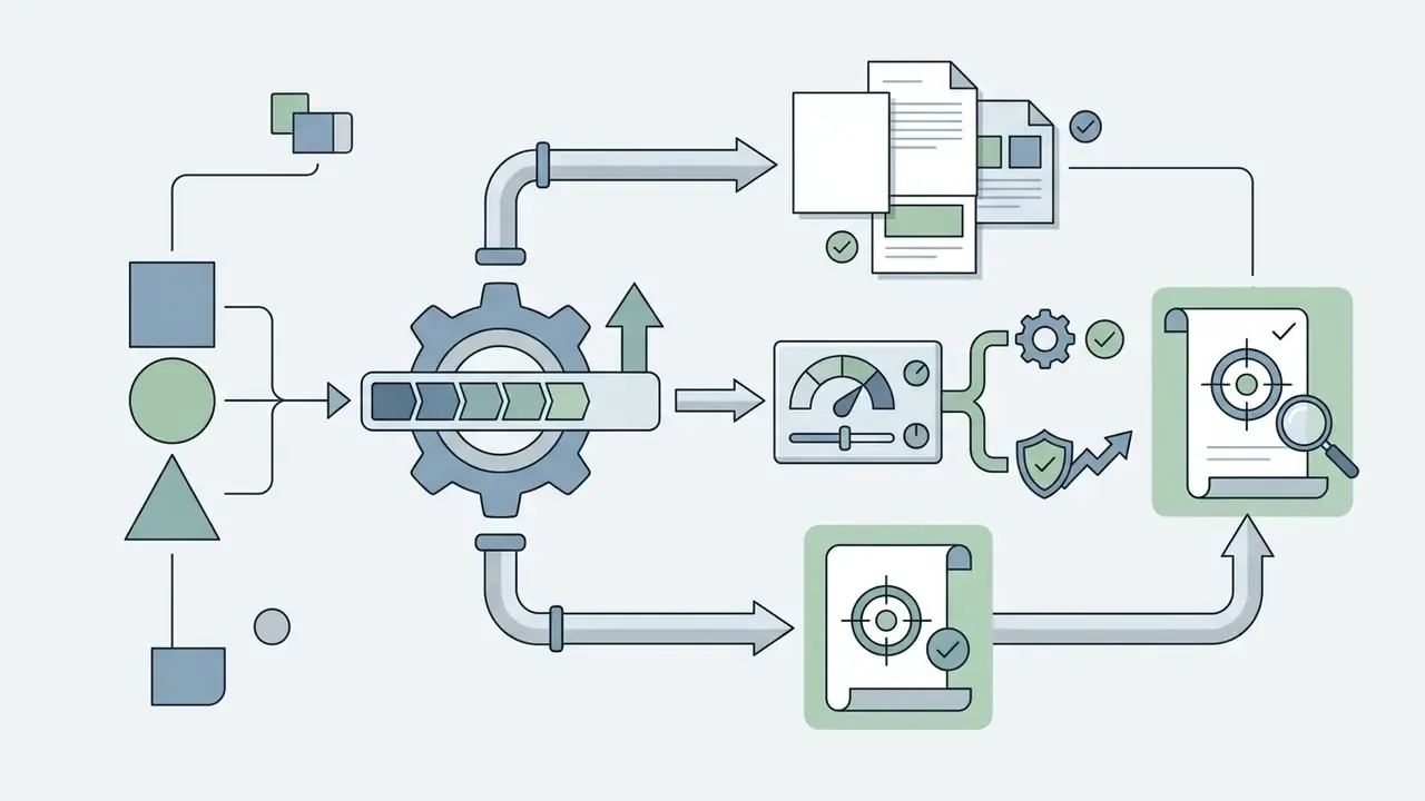 Geometric shapes feeding into a gear system that directs data through gauges and filters to target documents
