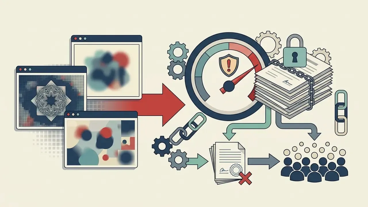 Digital windows with abstract art connecting to a risk gauge and a locked stack of legal documents