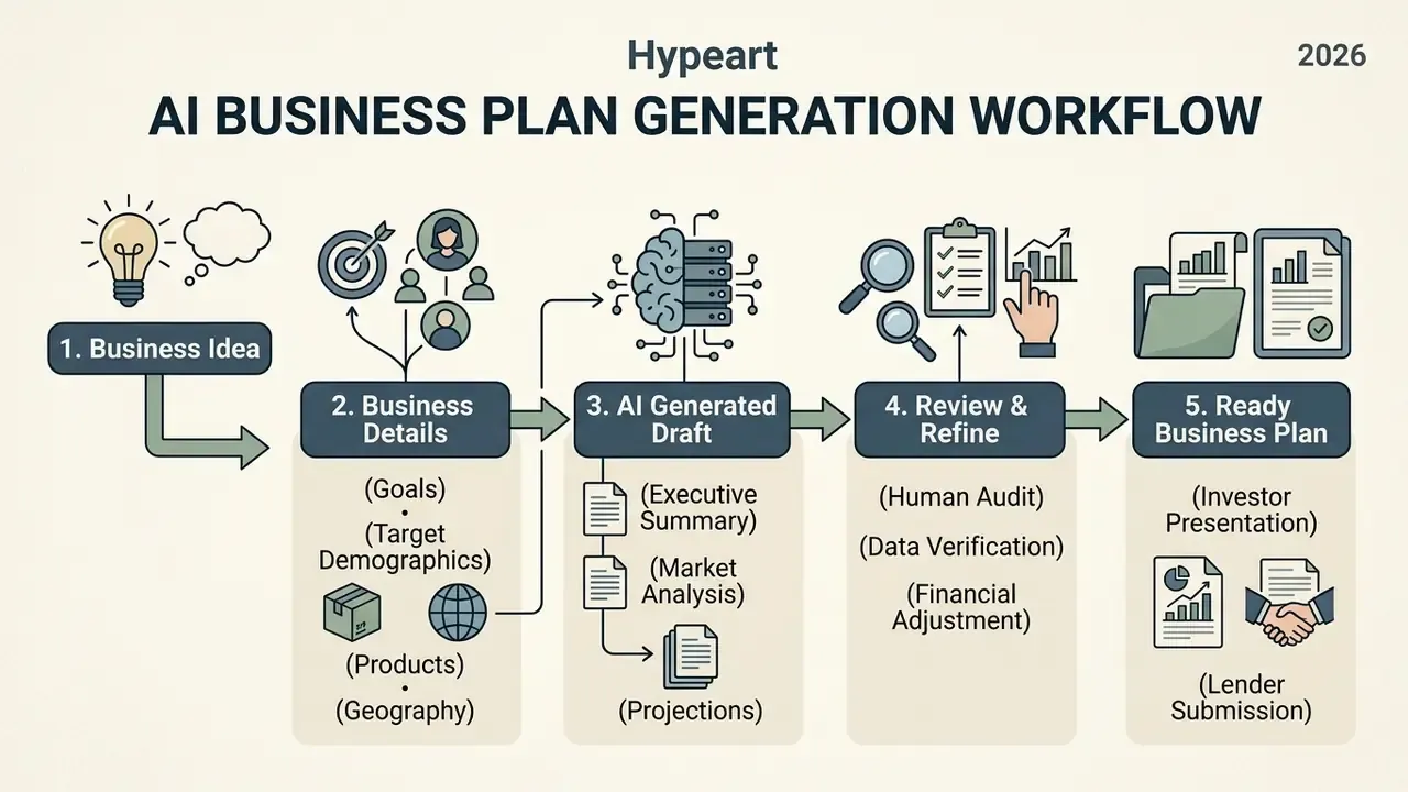 Flowchart showing five steps of an AI business plan generator from initial idea to final document
