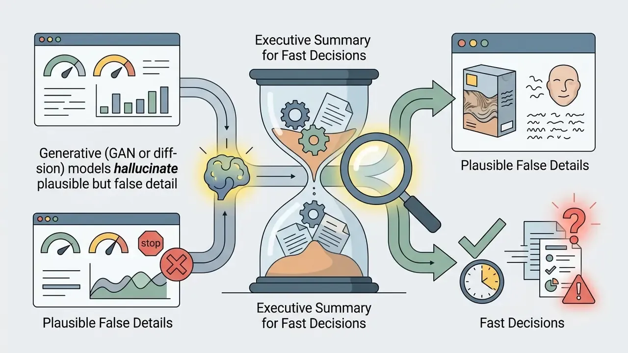 Hourglass showing how generative AI models create plausible but false details during data processing
