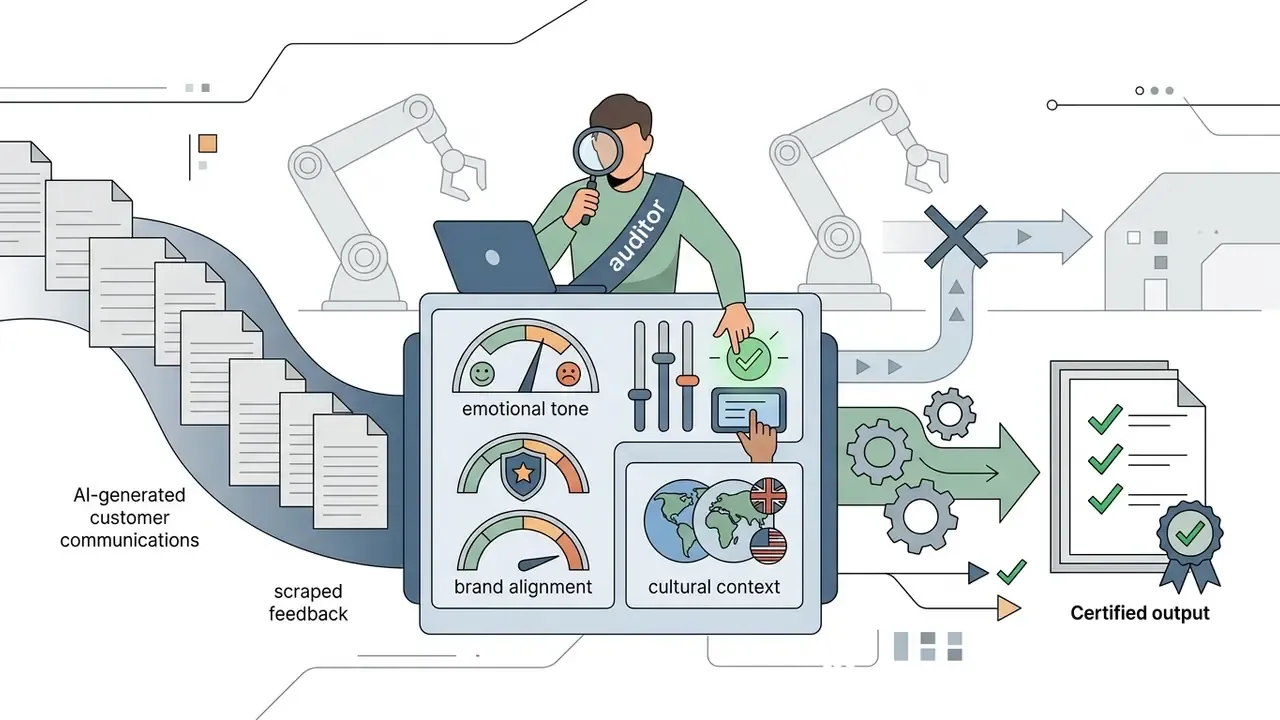 Auditor using a magnifying glass and dashboard to review AI communications for tone and cultural context