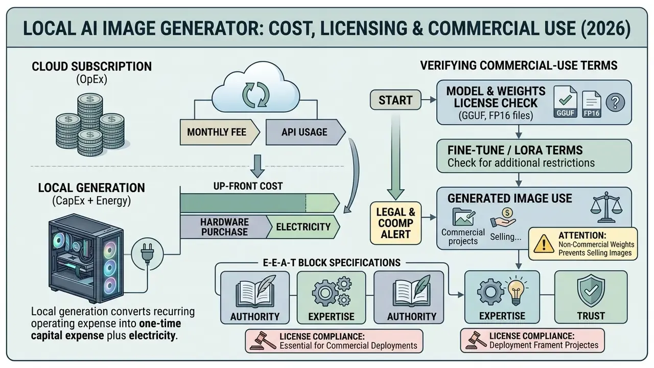 Infographic comparing cloud subscription costs to local hardware investment and legal compliance steps
