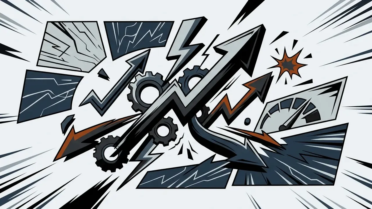 Interlocking gears and rising arrows surrounded by speed lines and comic book style action panels