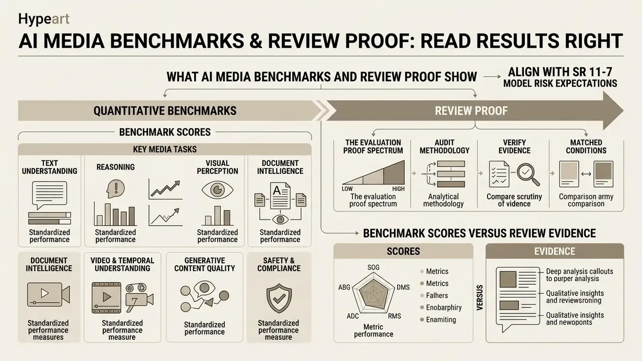 Infographic comparing quantitative AI media benchmarks with qualitative review proof and evidence