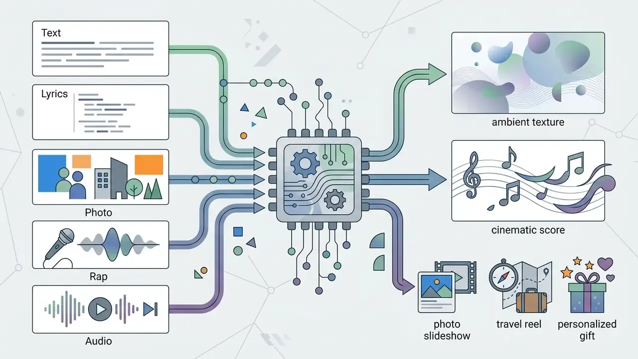Various media inputs flowing into a central processor that outputs music and visual project formats