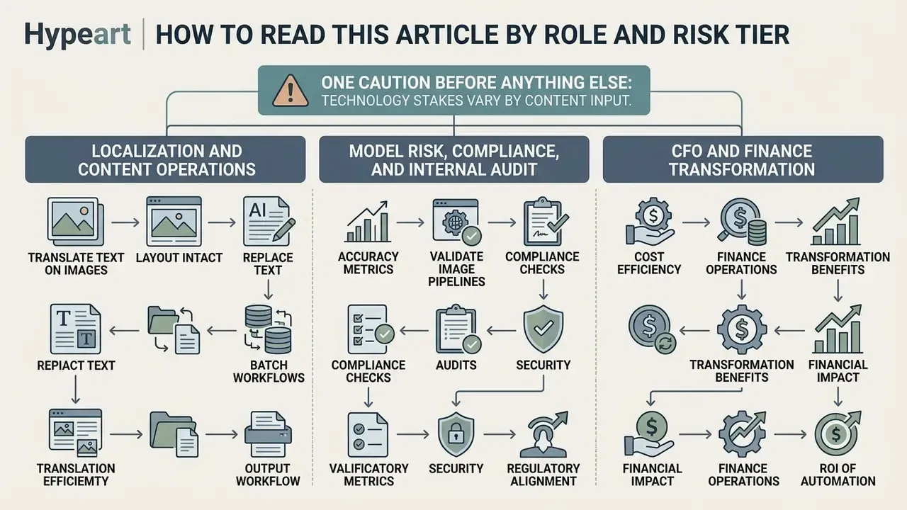 Infographic showing workflows for localization, risk compliance, and finance transformation roles