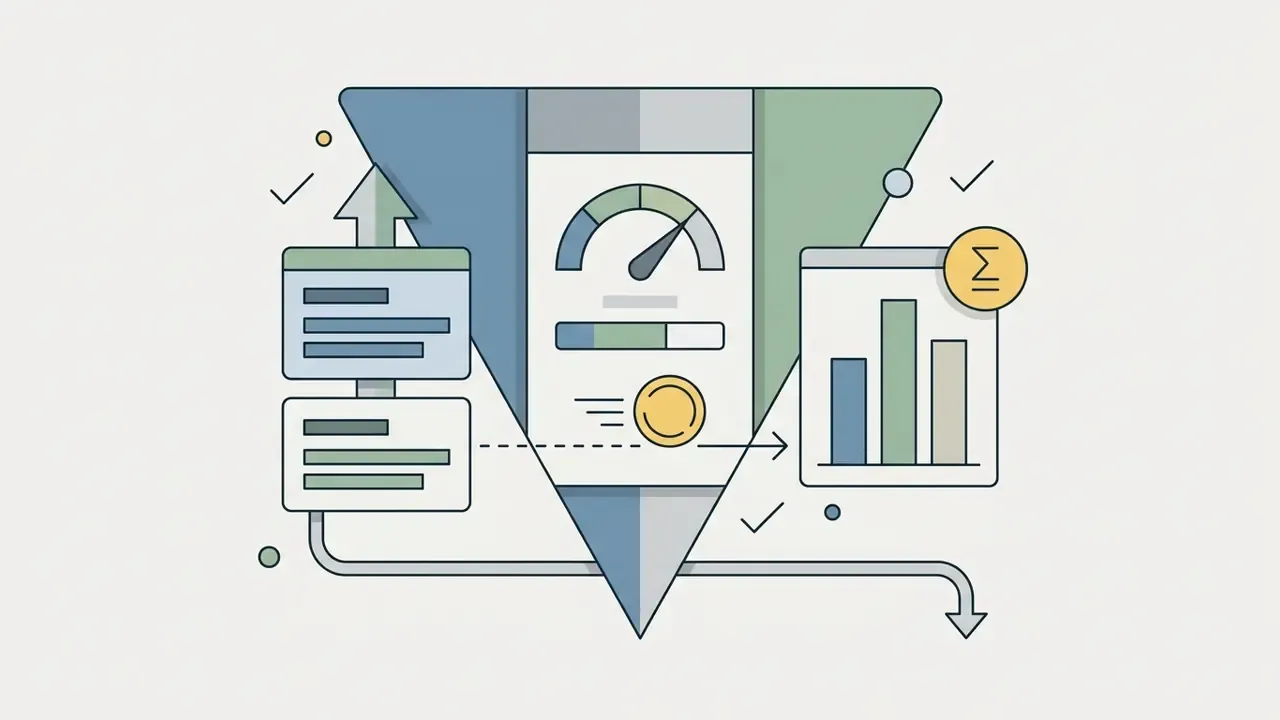 Funnel graphic showing input processing, a central performance gauge, and output data analysis