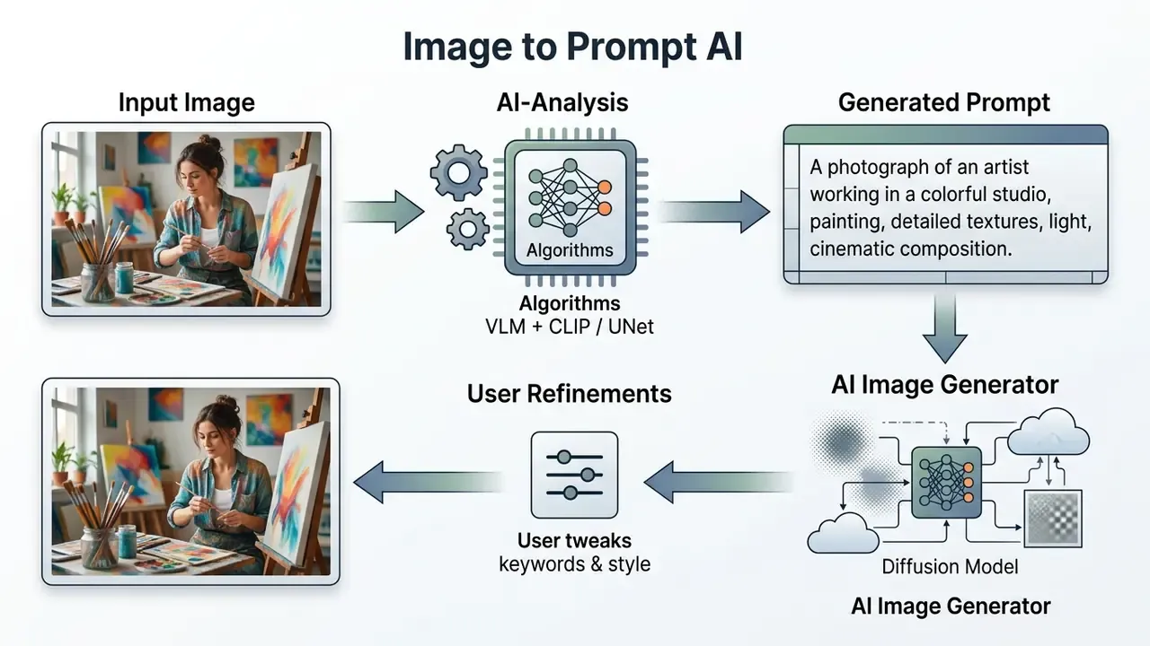 Diagram showing an input image being analyzed by AI into a text prompt to generate a new image