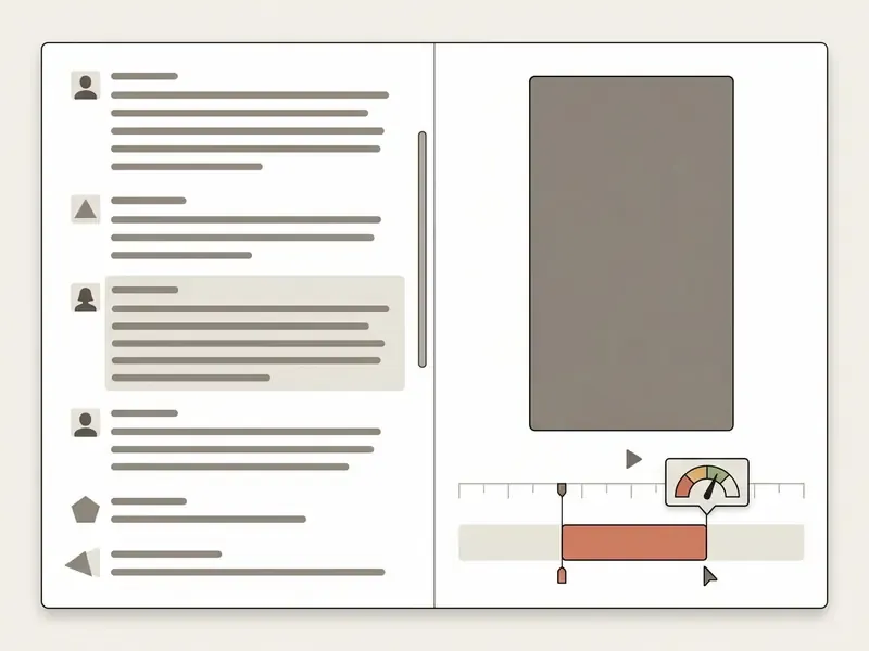 Transcript editor showing text selection on the left and a video preview with a clip timeline on the right