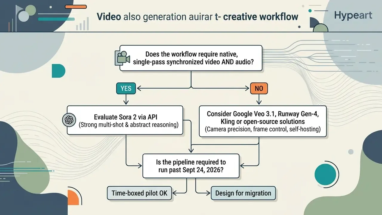 Decision tree comparing Sora 2 and alternative video generation models based on audio and timeline needs