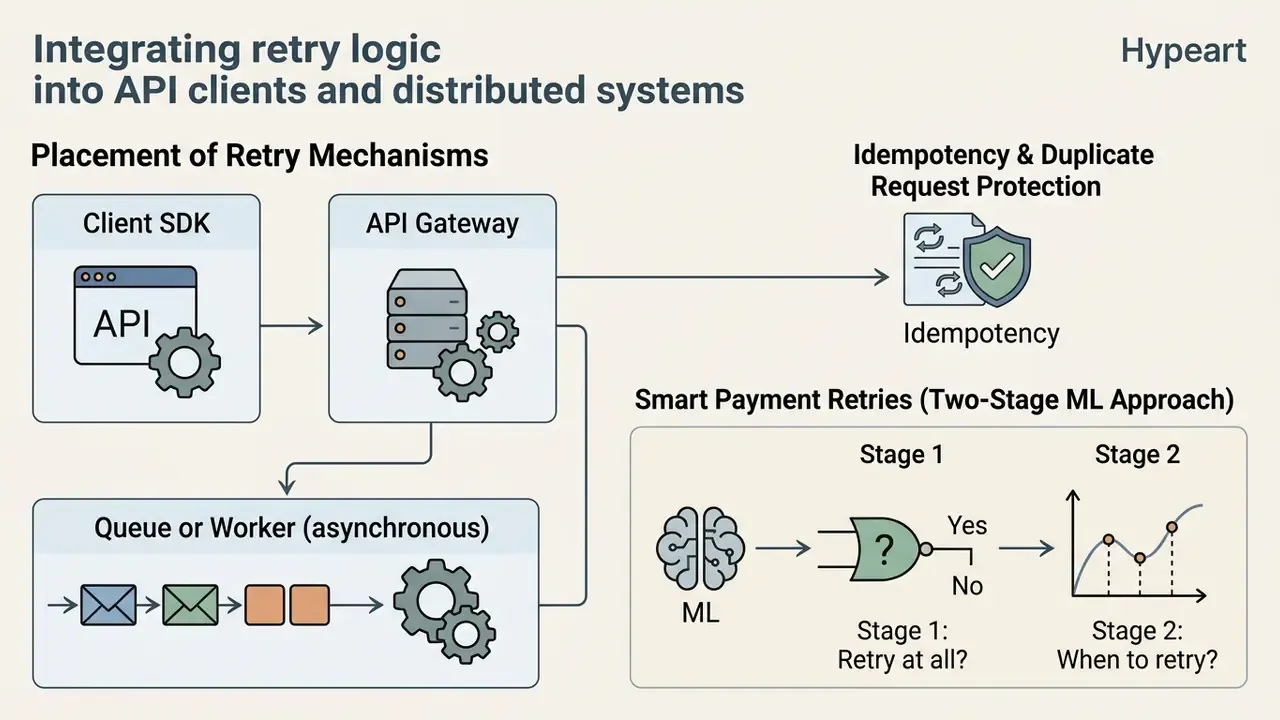 Diagram mapping retry mechanism placement, idempotency requirements, and a two-stage ML payment process
