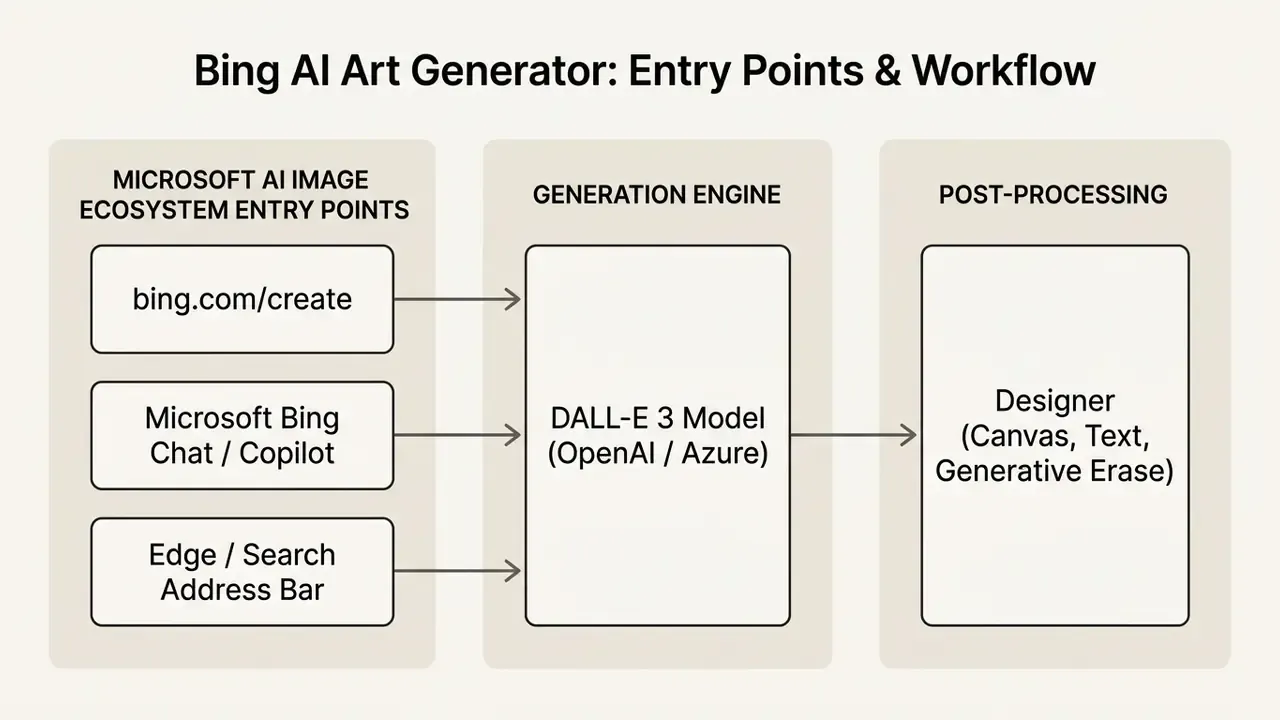Flowchart showing how entry points connect to the DALL-E 3 model and Designer for post-processing