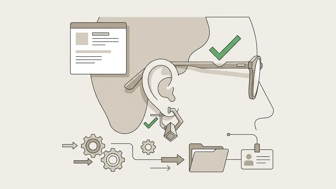 Profile outline showing checkmarks on glasses and an earring with gear icons and a file folder below