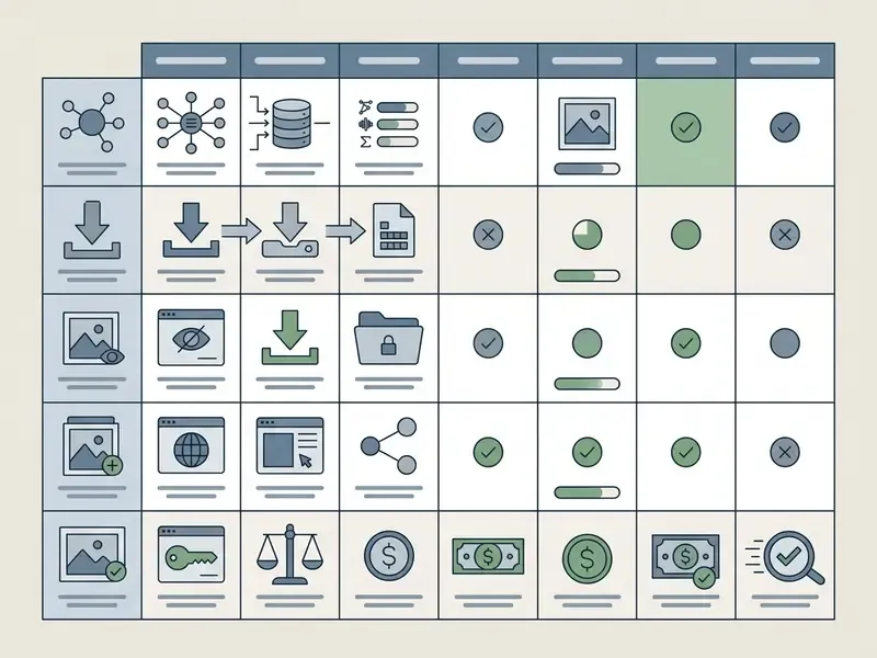 Comparison table with icons illustrating workflows for digital asset creation, downloading, and usage rights