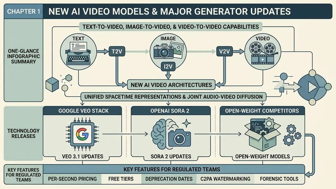 Diagram showing AI video generation workflows alongside major model stacks and key enterprise features