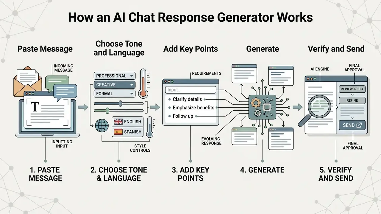 Five-step workflow diagram showing message input, style selection, adding points, generation, and final review