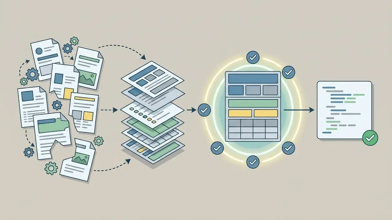 Scattered document fragments being reassembled into a structured layout and validated as JSON code