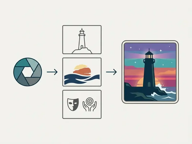 Diagram showing input icons for subject, palette, and mood transforming into a finished lighthouse scene