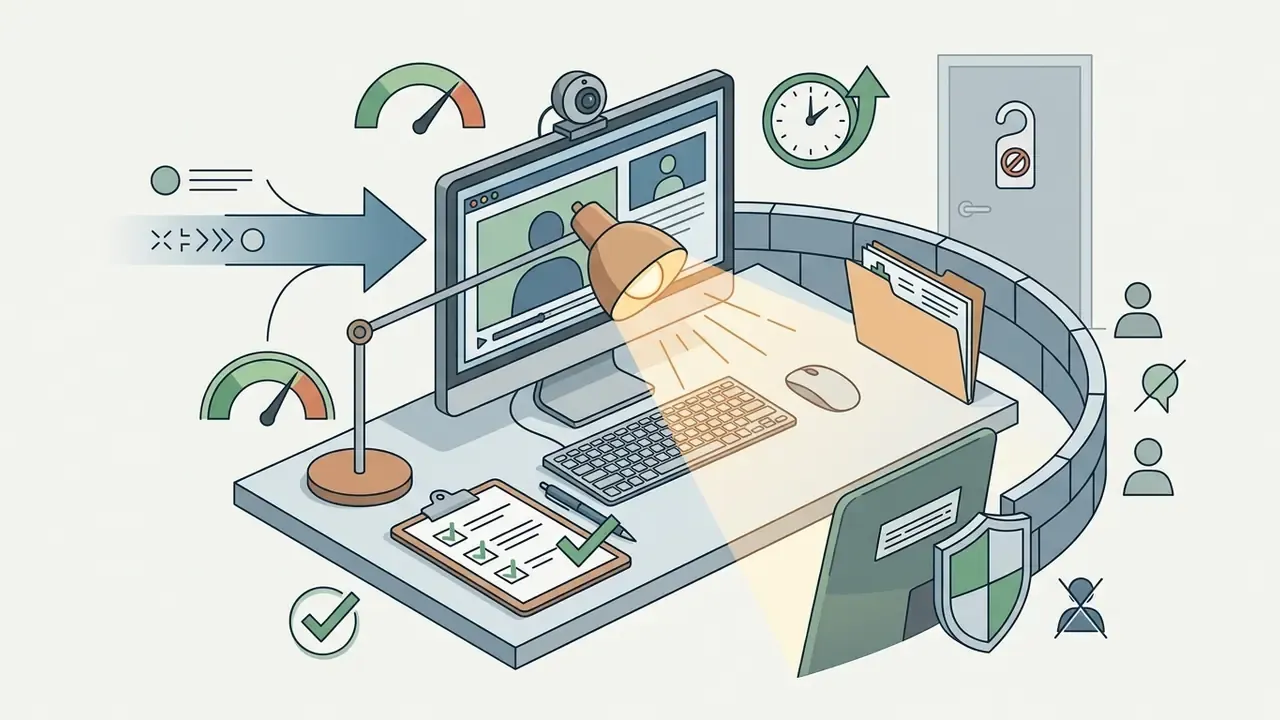 Computer setup with a lamp, checklist, and privacy shield for a secure remote health appointment