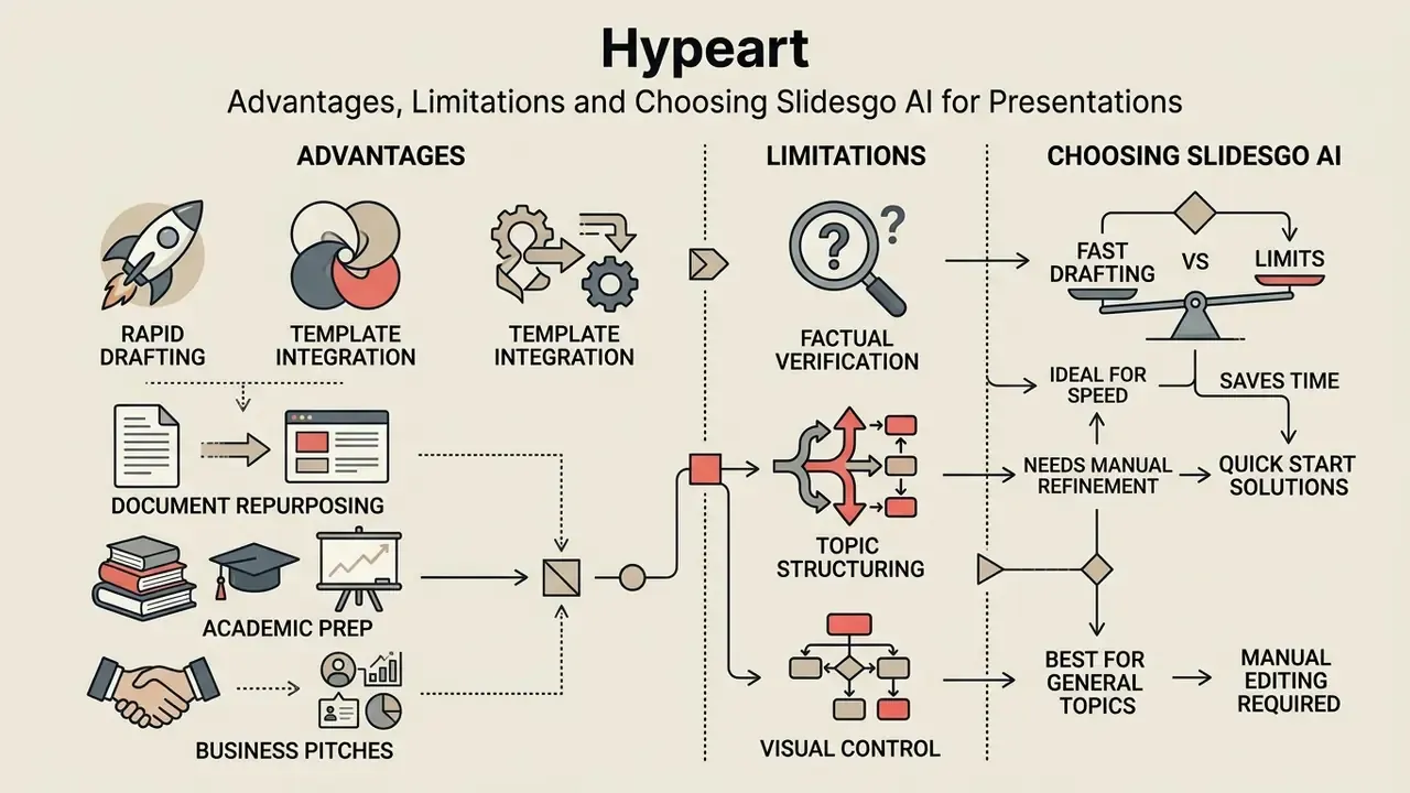 Infographic comparing the pros and cons of automated slide generation through icons and a decision scale