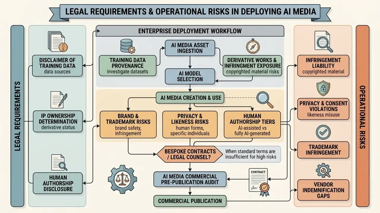 Process map linking legal requirements and operational risks to an enterprise AI media deployment workflow