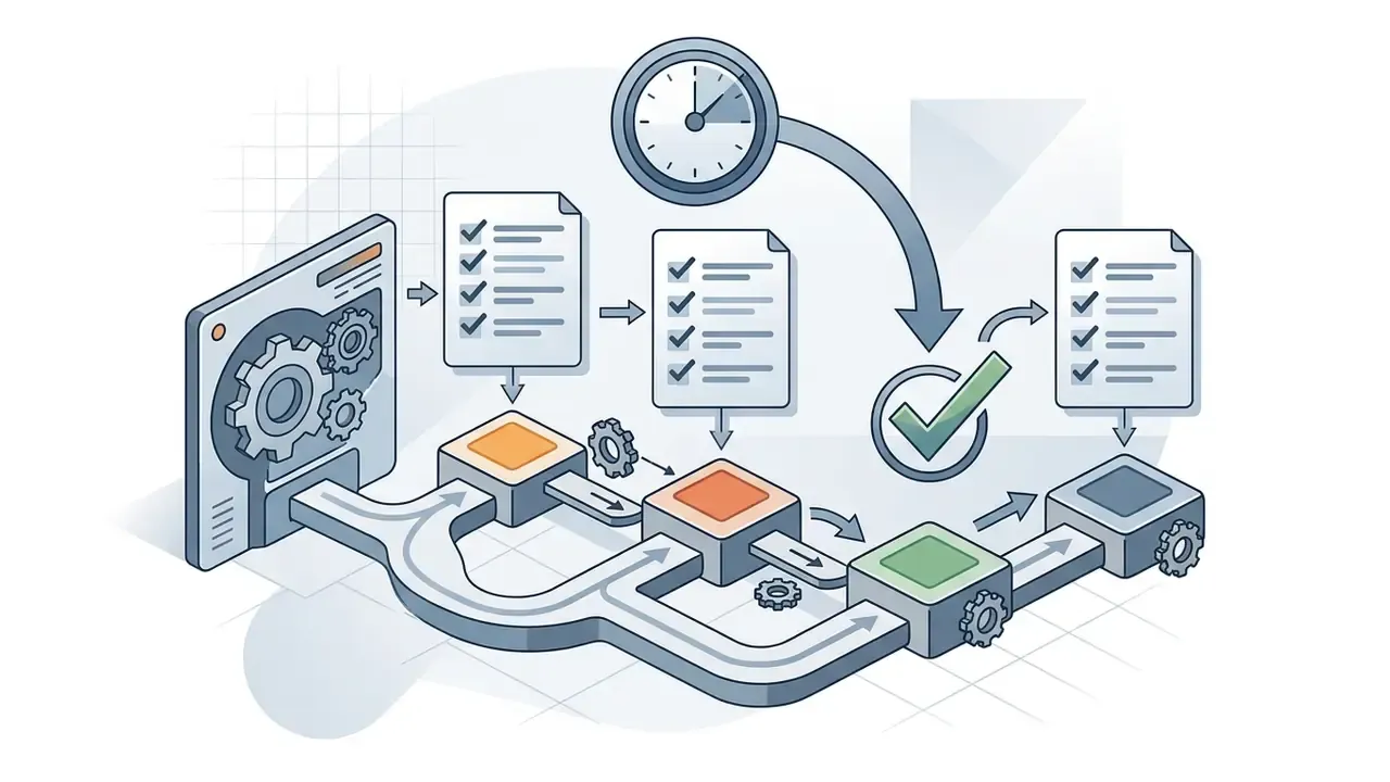 Clock icon triggering a recurring validation cycle for model evaluation checklists and gear systems