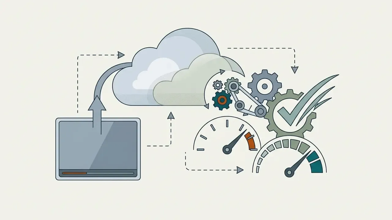 Video file uploading to cloud storage with connected gears and gauges representing processing metrics